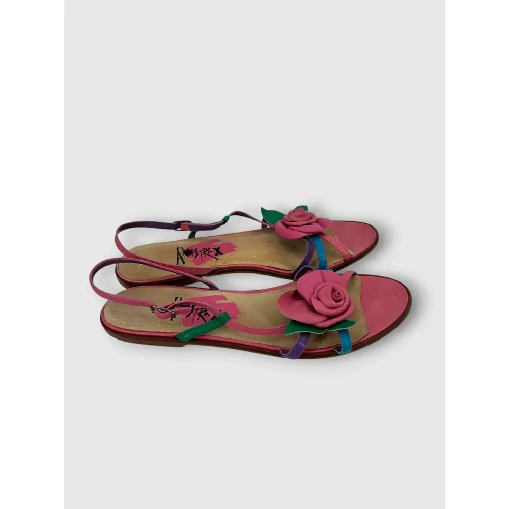 Vintage 1990s Y2k Leather Pink Rose Appliqué Flat Slingback Sandals Size 9M - Picture 2 of 7